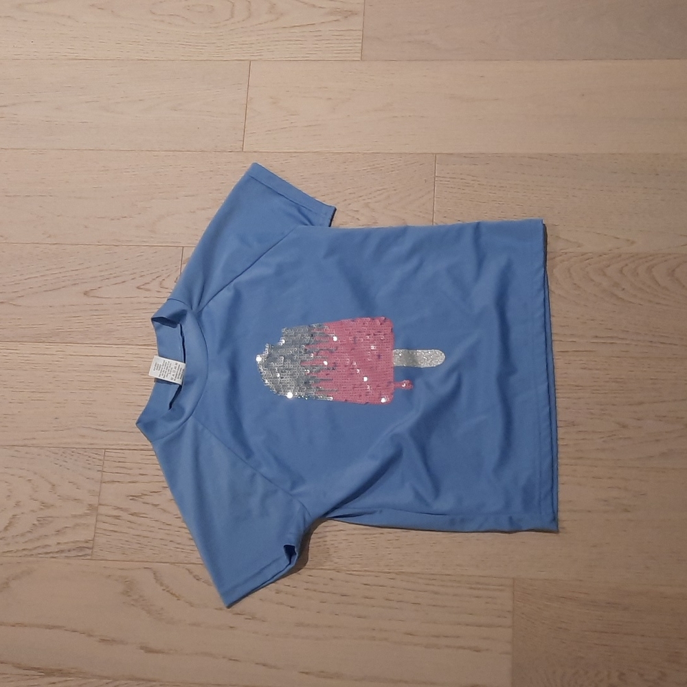 Girls Gymboree blue, sequin sun shirt, size 10-12 yrs